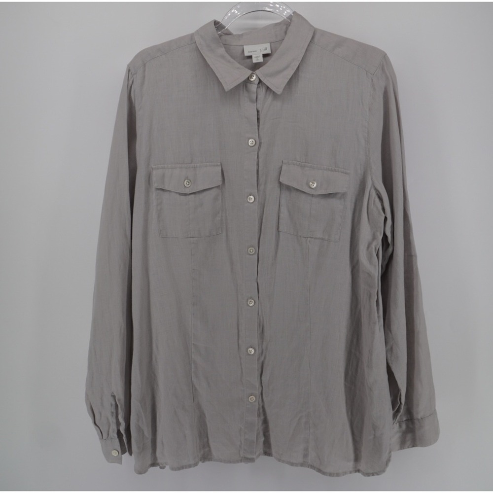 J. Jill Love Linen Gray Button Down Shirt Long Sleeve Pocket Top Tall Large Tall